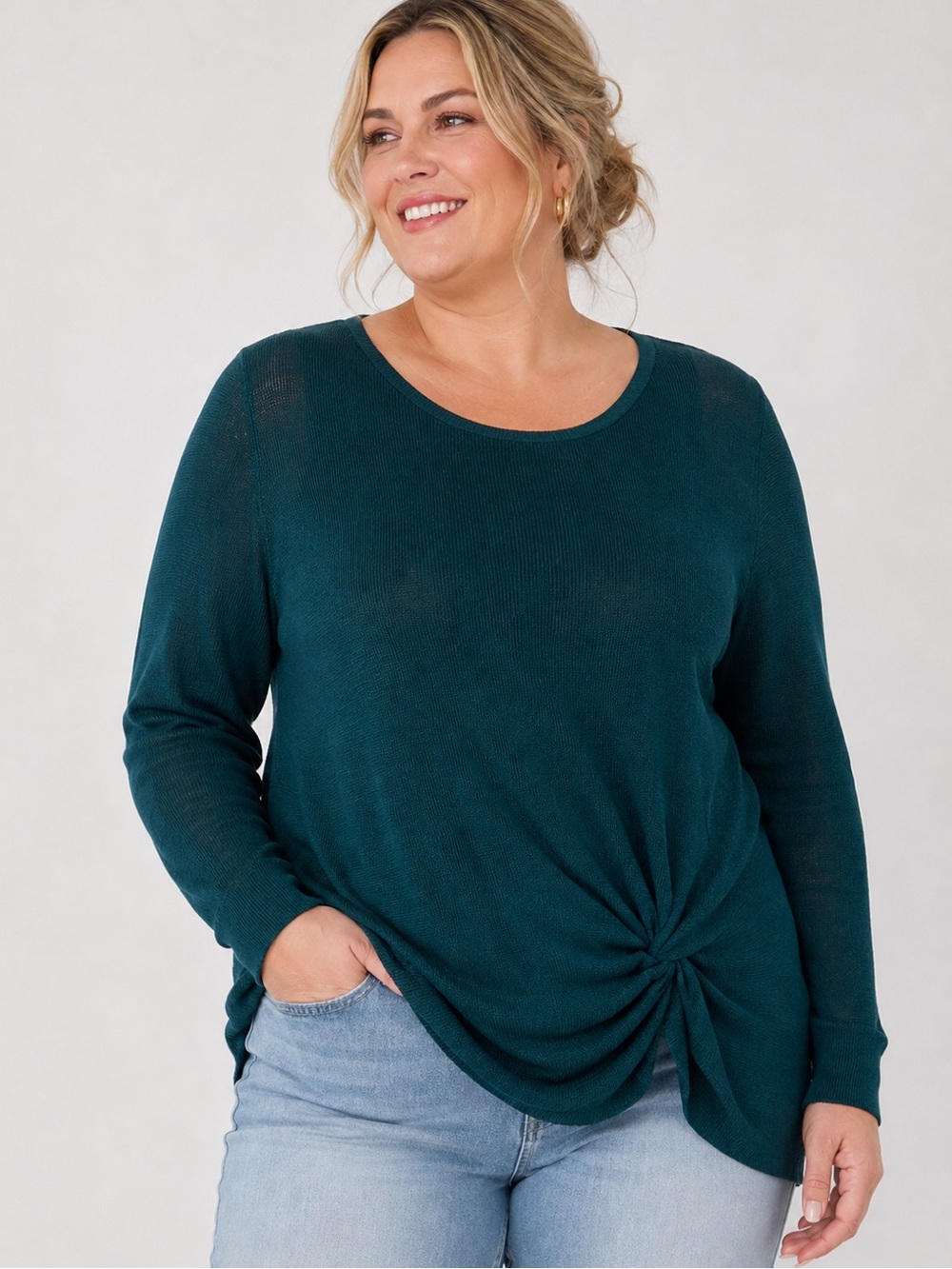 Chico’s Teal Forrest Green Twist Front Lightweight Knit Sweater Top Size 3
